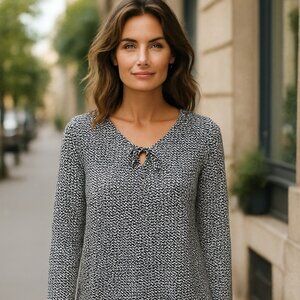 Liz Claiborne Women's Black & White Quarter Sleeve Keyhole Tie Neck Top Sz M